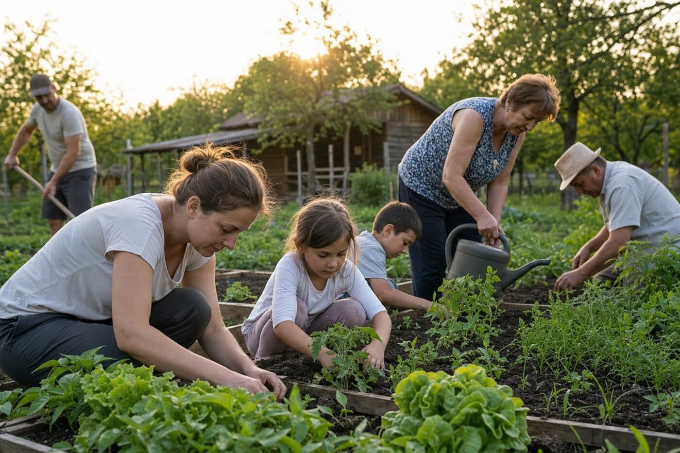 Familie lucrând într-o parcelă bio cu straturi înălțate