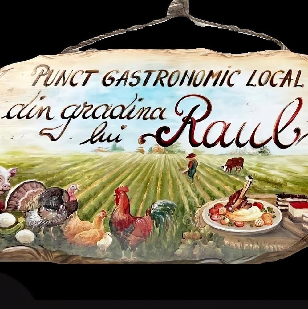 Firma pictată de mână: Punct Gastronomic Local din grădina lui Raul