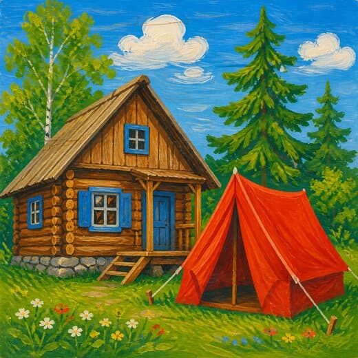 Cabană de lemn cu un cort alături, pictate în stil popular
